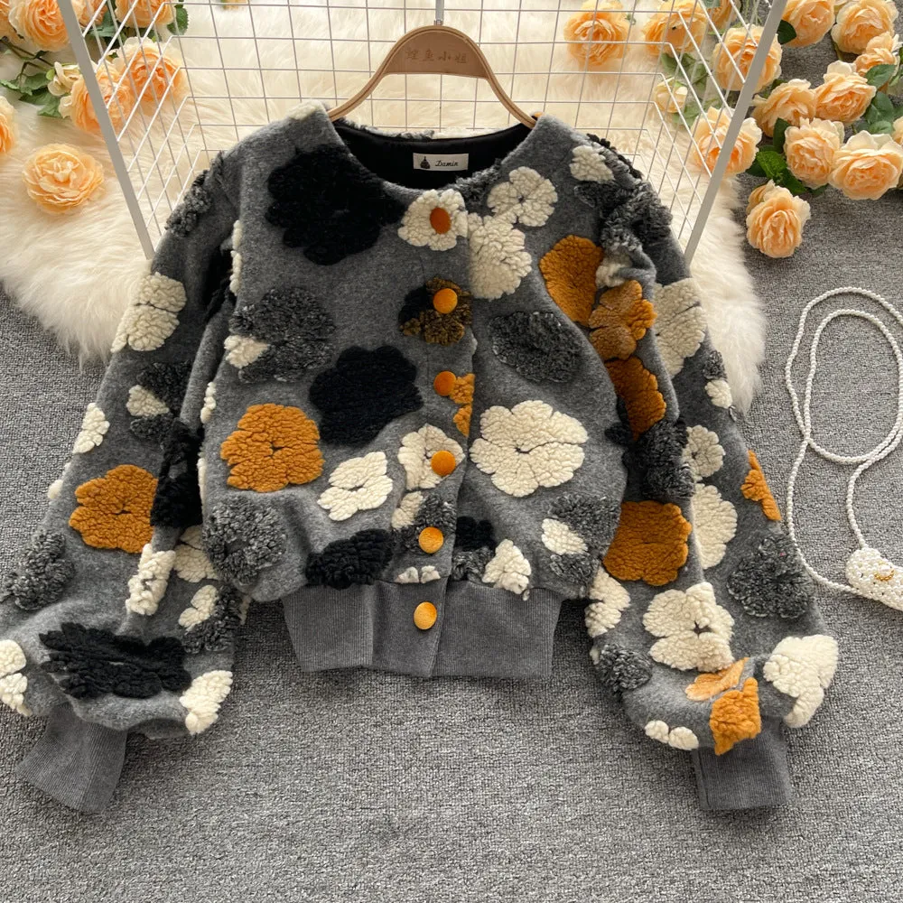French Style Vintage 3D Flower Slim Short Cardigan Jacket