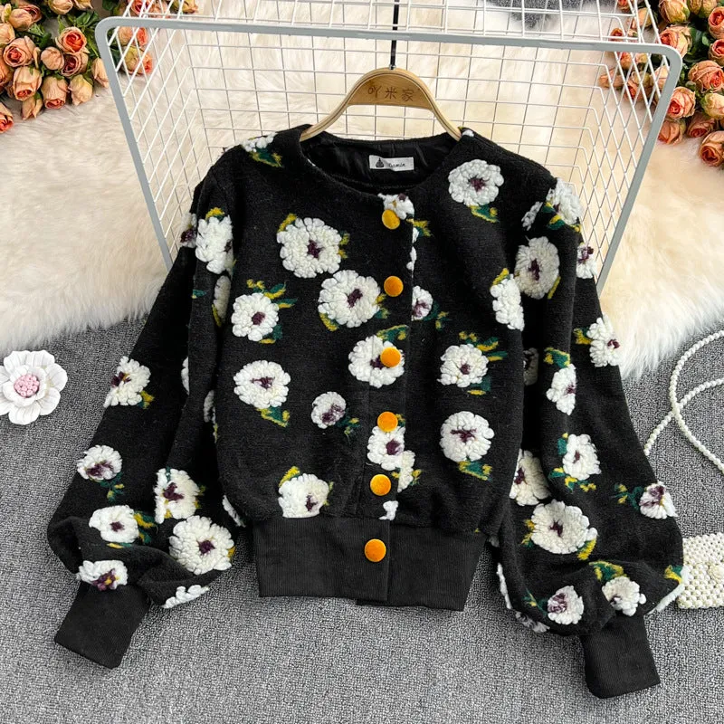French Style Vintage 3D Flower Slim Short Cardigan Jacket