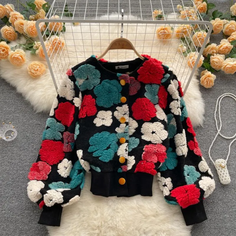 French Style Vintage 3D Flower Slim Short Cardigan Jacket