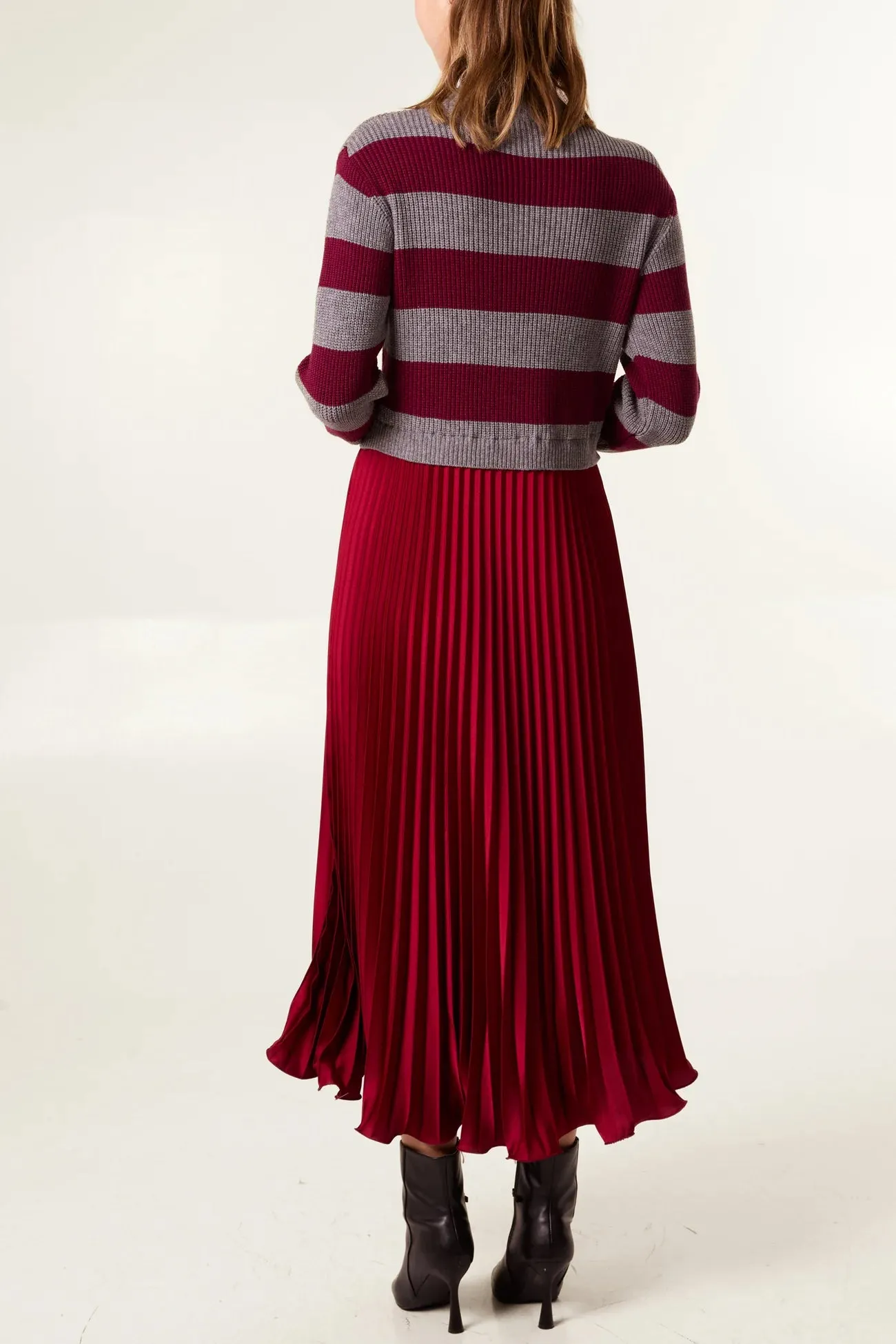 Freya Striped Jumper Satin Skirt Dress Burgundy