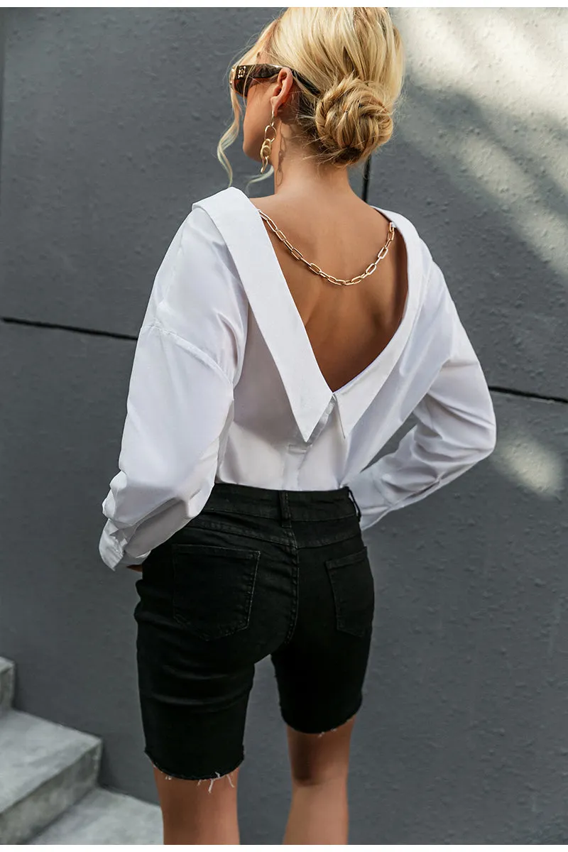 Jasmine V-neck Backless Button Down Collared Top