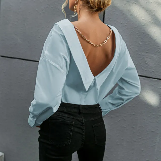 Jasmine V-neck Backless Button Down Collared Top