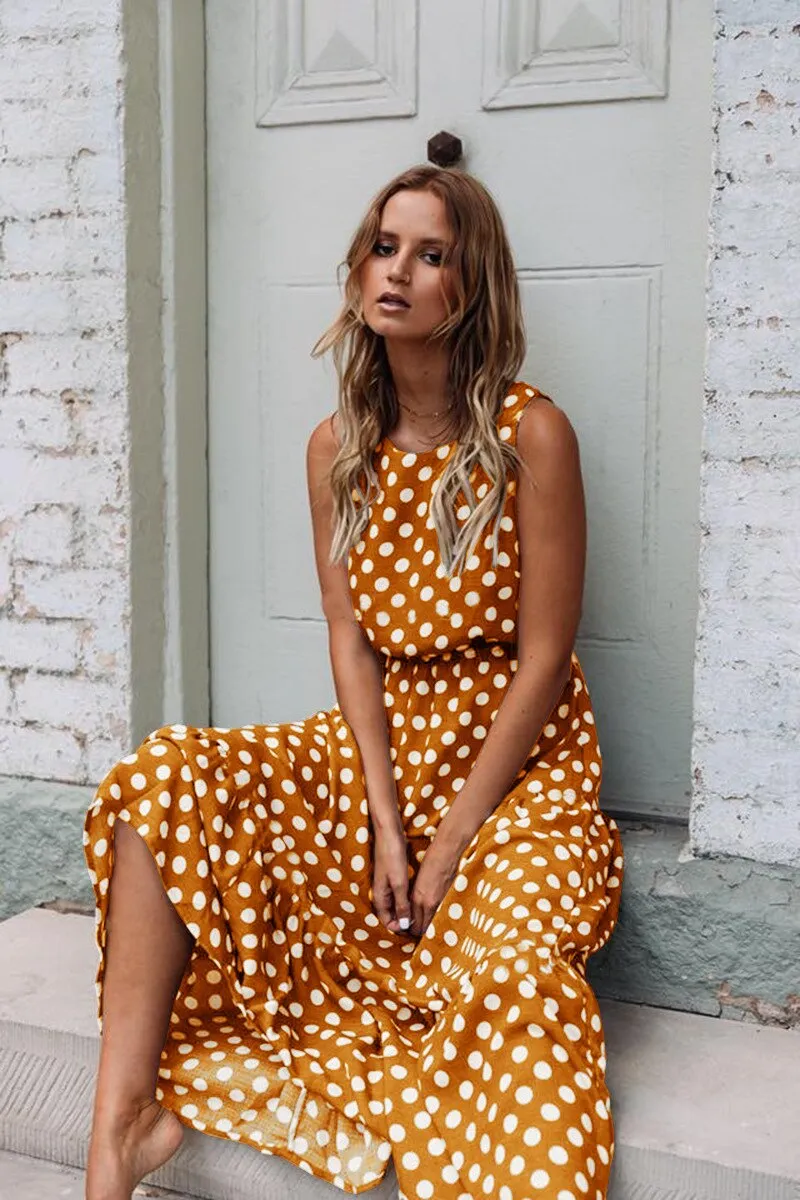 Joskaa Sleeveless Yellow Polka Dot A Line Dress Women High Waist Summer Maxi Dresses 2024 Vintage Sundress Loose Casual Long Dress Lady