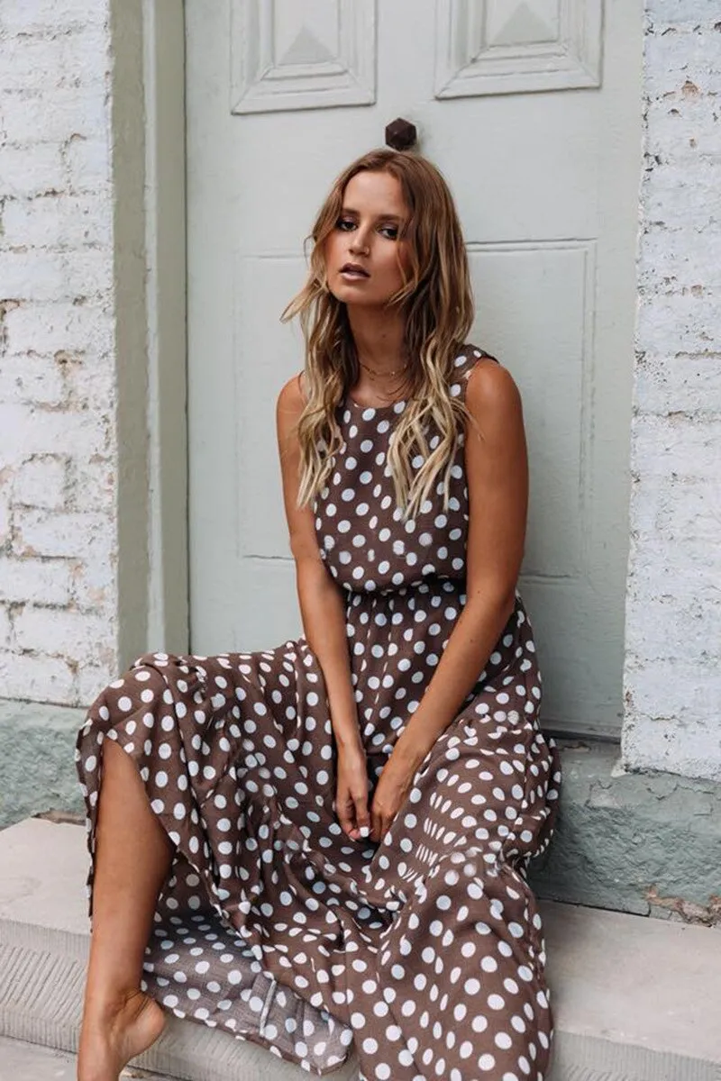 Joskaa Sleeveless Yellow Polka Dot A Line Dress Women High Waist Summer Maxi Dresses 2024 Vintage Sundress Loose Casual Long Dress Lady