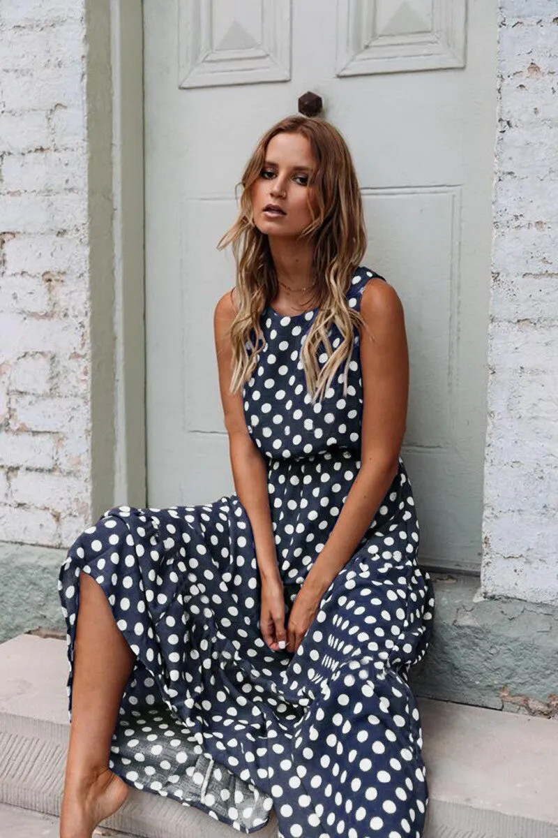 Joskaa Sleeveless Yellow Polka Dot A Line Dress Women High Waist Summer Maxi Dresses 2024 Vintage Sundress Loose Casual Long Dress Lady