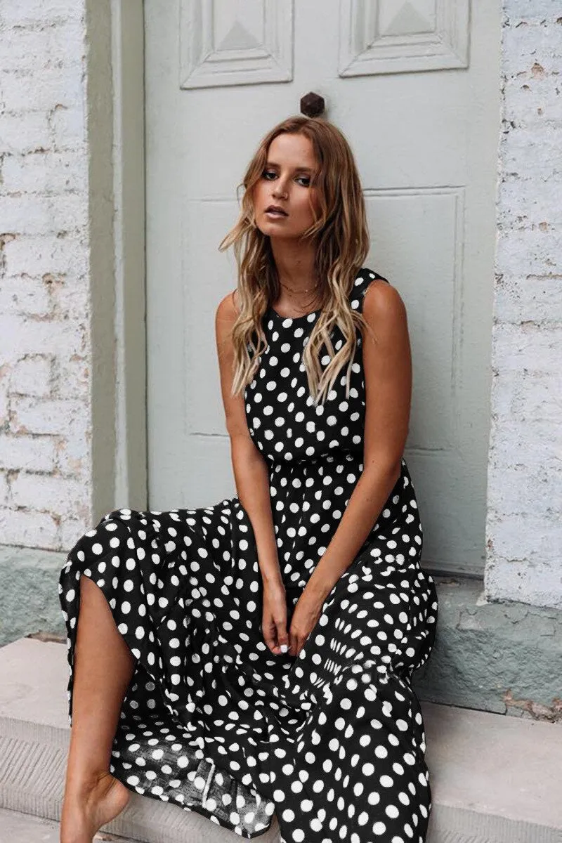Joskaa Sleeveless Yellow Polka Dot A Line Dress Women High Waist Summer Maxi Dresses 2024 Vintage Sundress Loose Casual Long Dress Lady