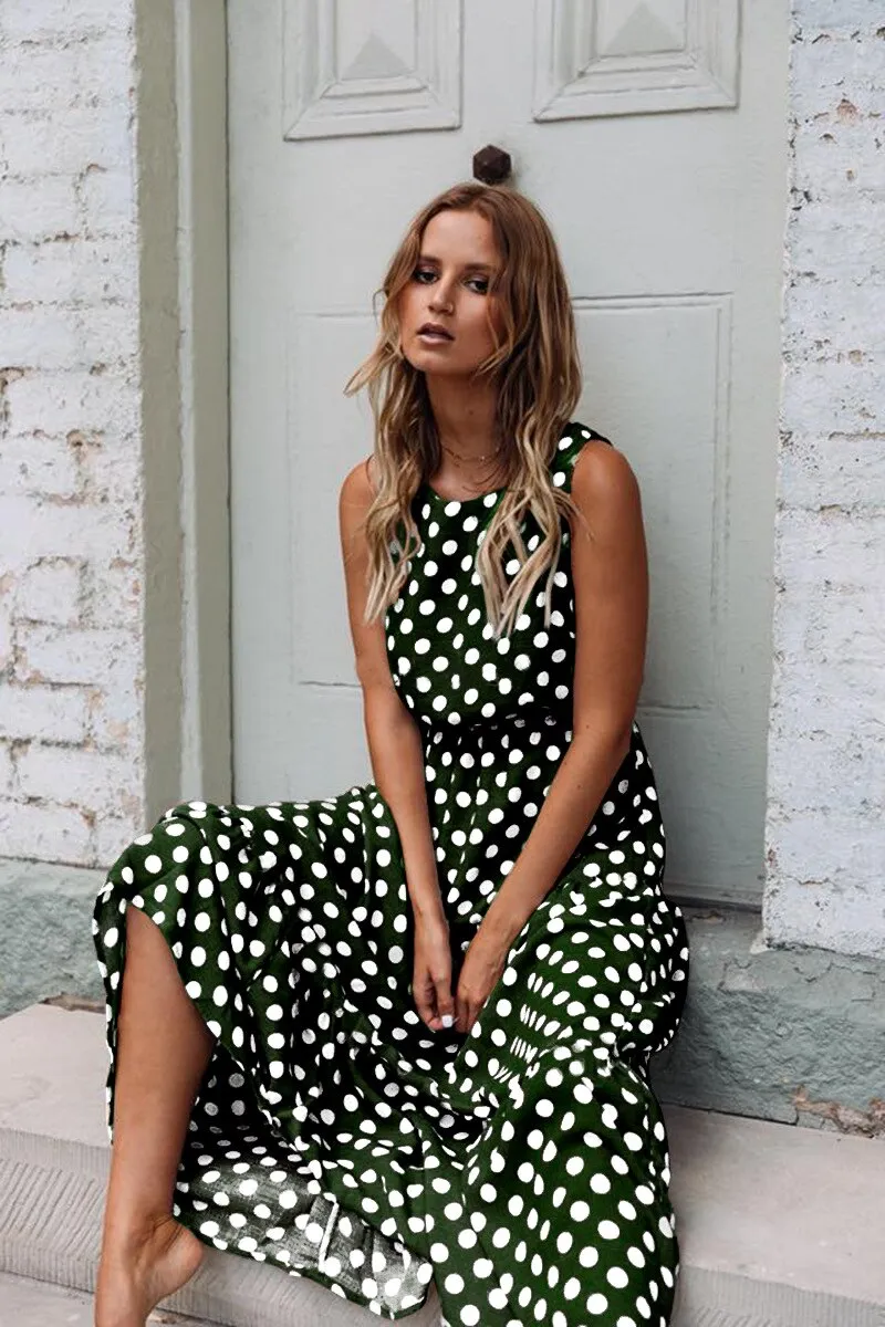 Joskaa Sleeveless Yellow Polka Dot A Line Dress Women High Waist Summer Maxi Dresses 2024 Vintage Sundress Loose Casual Long Dress Lady
