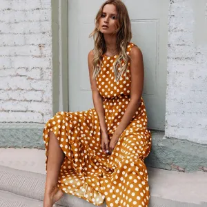 Joskaa Sleeveless Yellow Polka Dot A Line Dress Women High Waist Summer Maxi Dresses 2024 Vintage Sundress Loose Casual Long Dress Lady