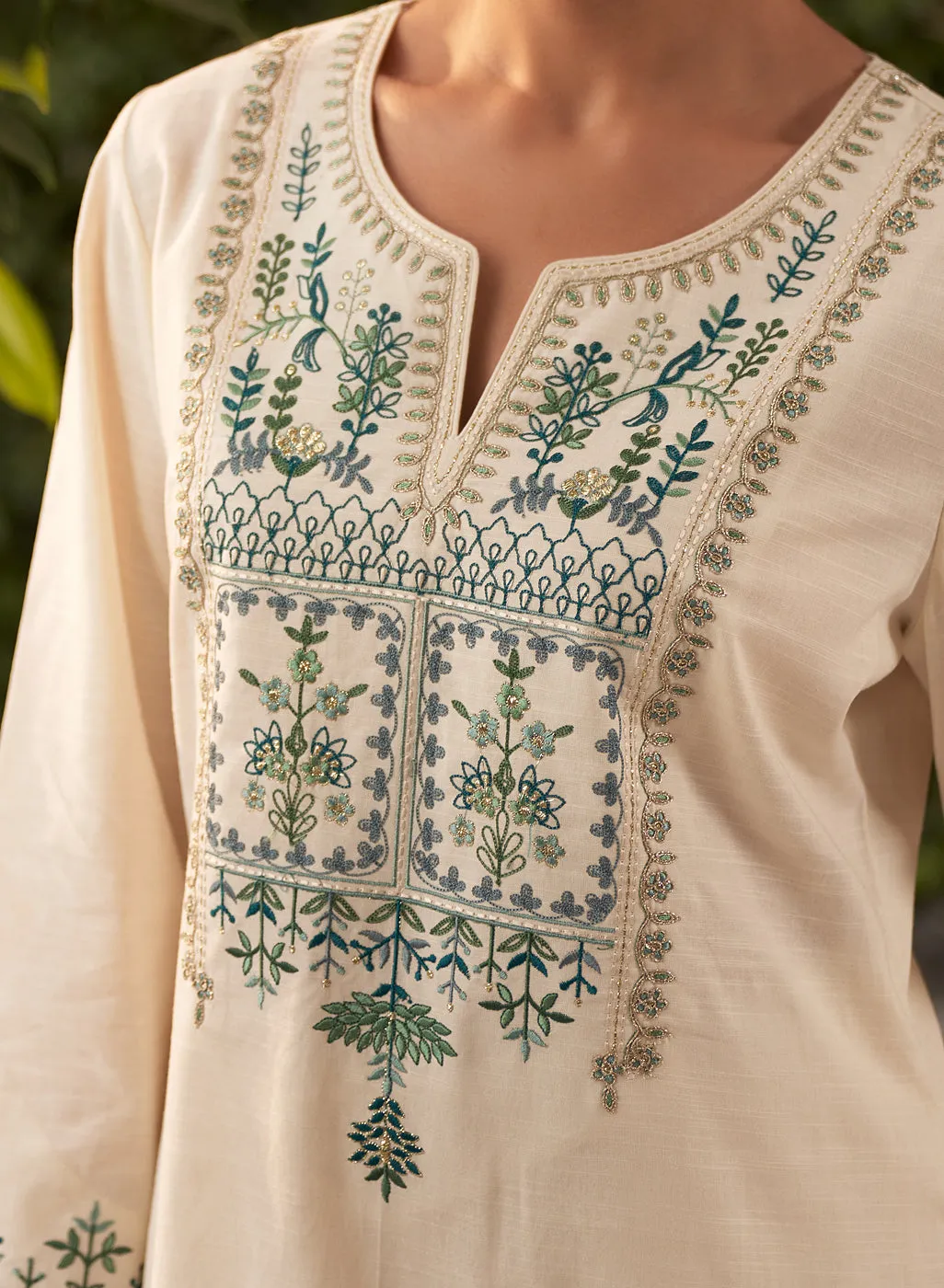 Lily Pearl Ivory Embroidered Cotton Co-ord Set for Women