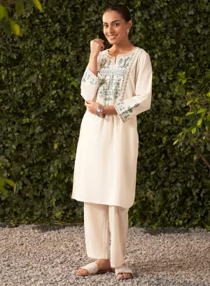 Lily Pearl Ivory Embroidered Cotton Co-ord Set for Women