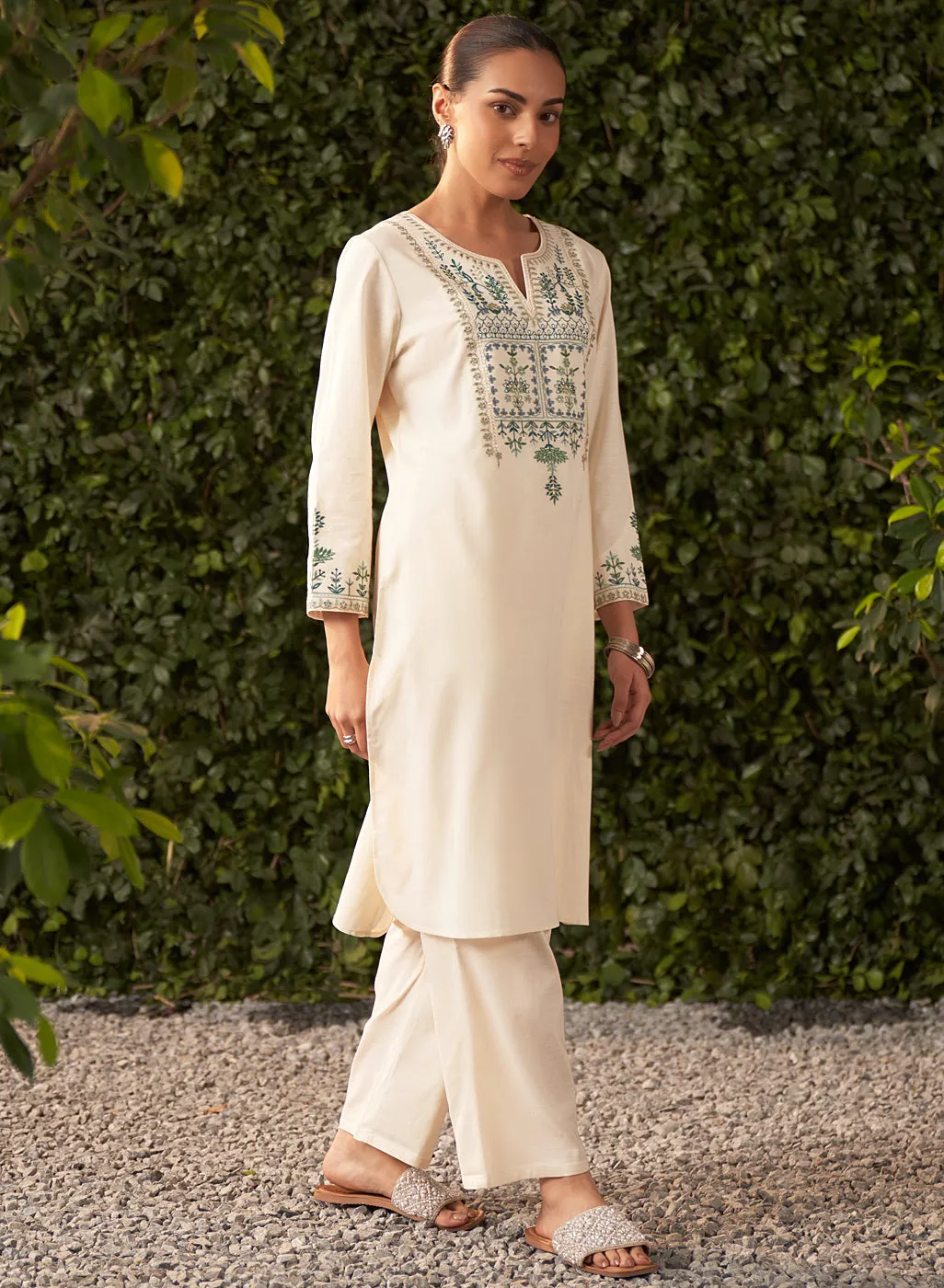 Lily Pearl Ivory Embroidered Cotton Co-ord Set for Women