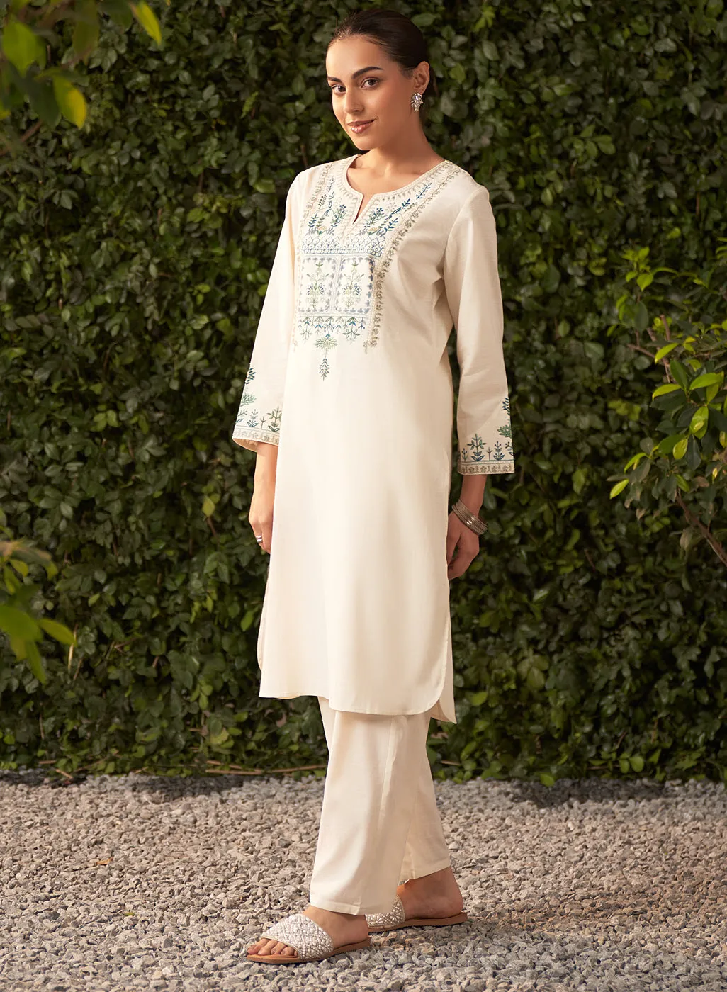 Lily Pearl Ivory Embroidered Cotton Co-ord Set for Women