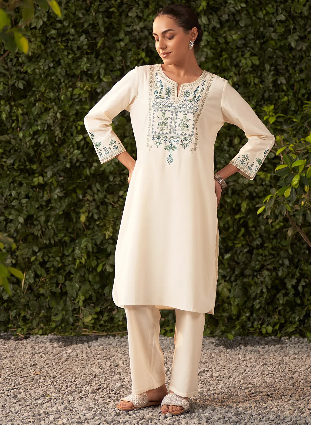 Lily Pearl Ivory Embroidered Cotton Co-ord Set for Women