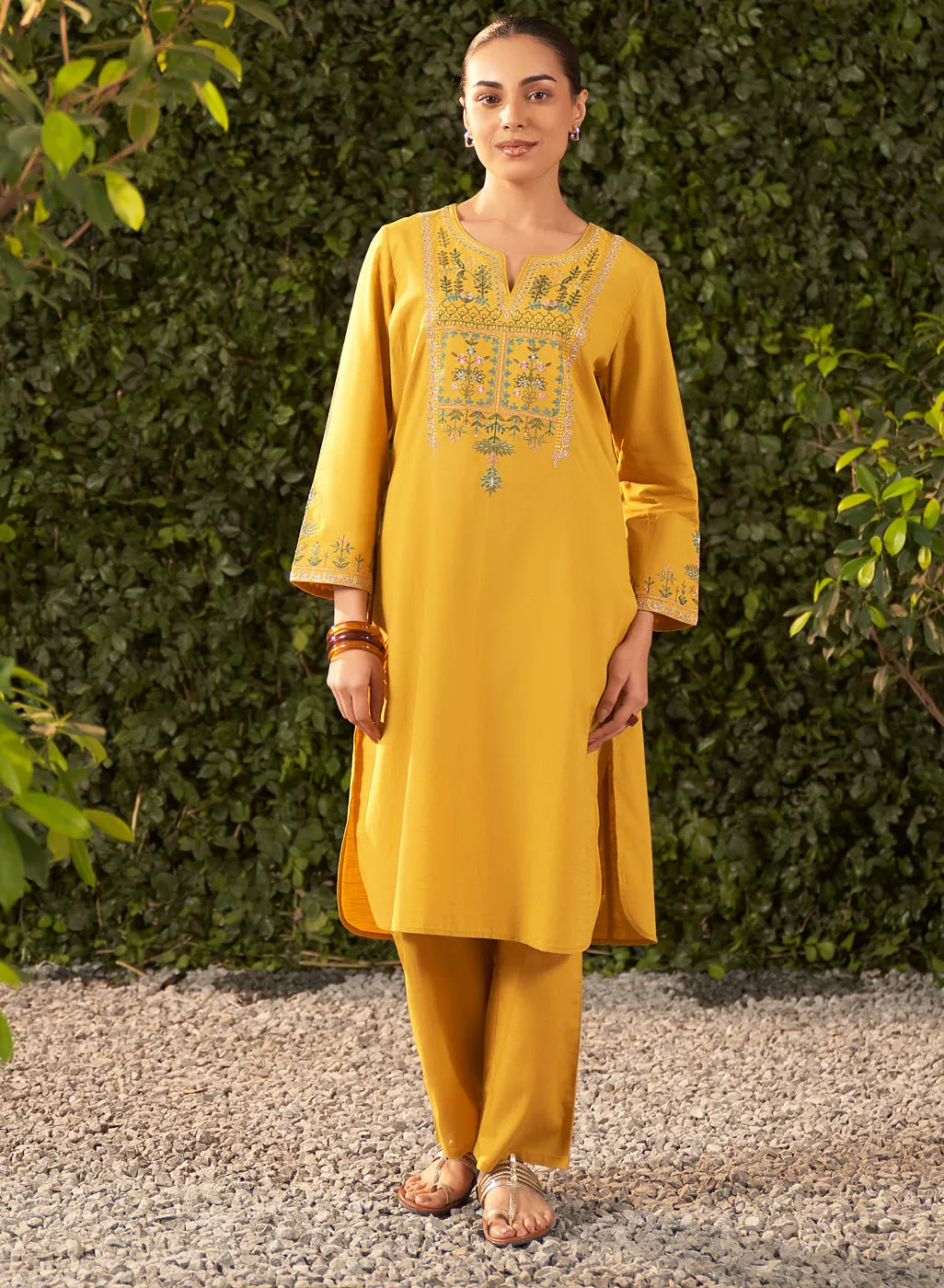 Lily Yellow Embroidered Cotton Co-ord Set for Women