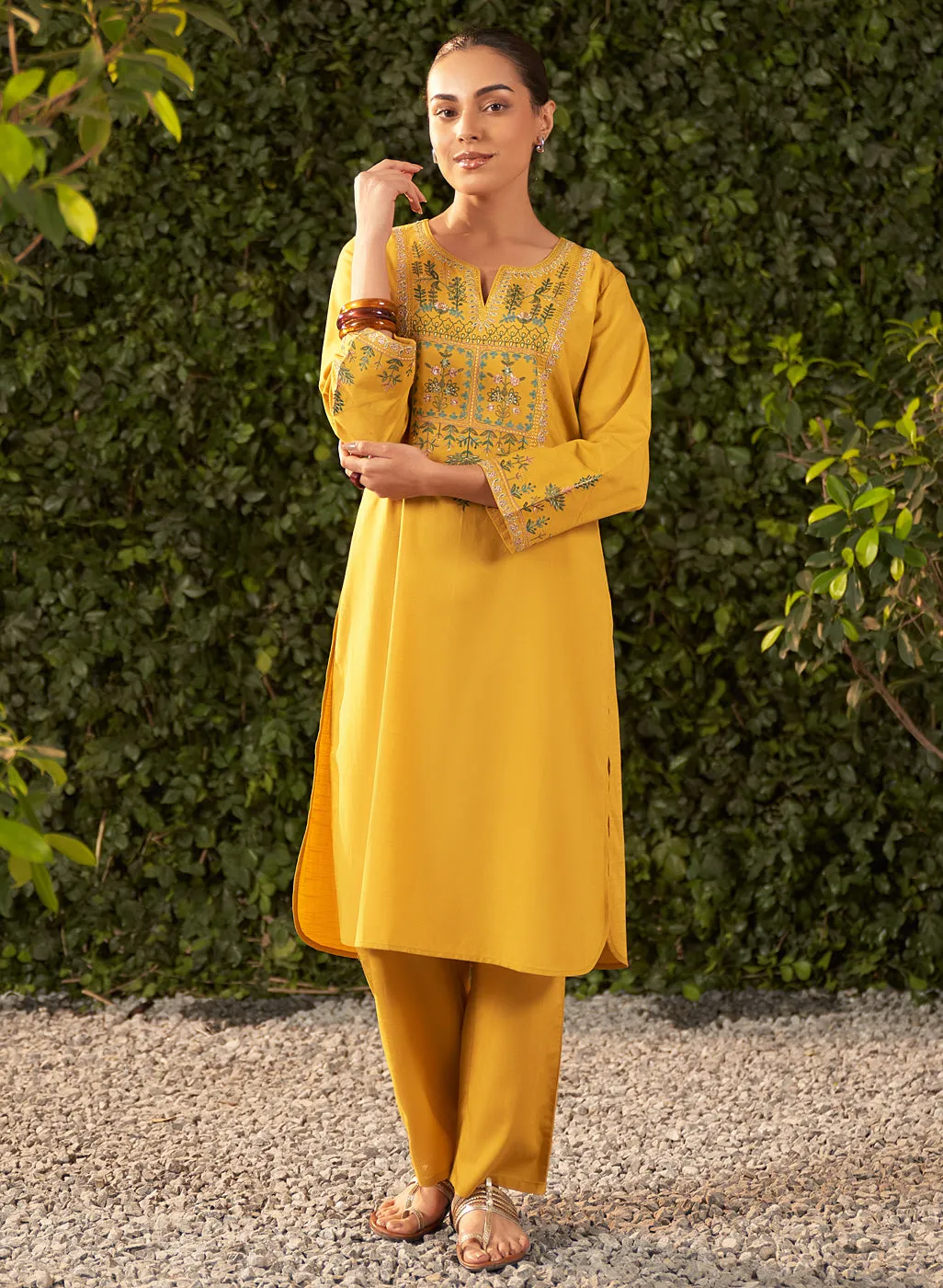 Lily Yellow Embroidered Cotton Co-ord Set for Women