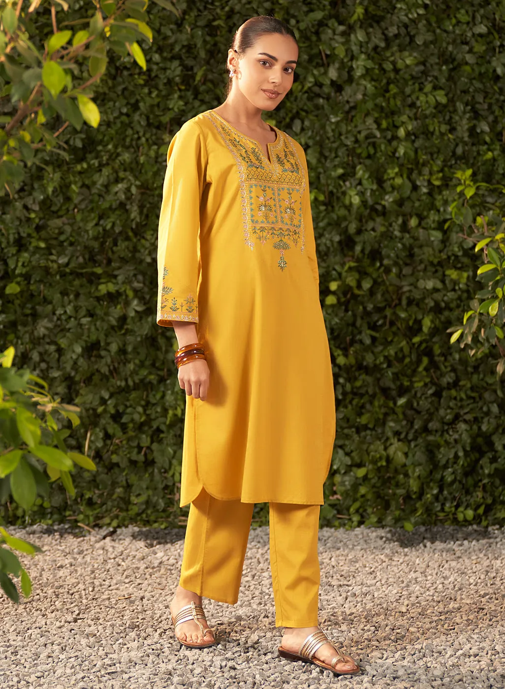Lily Yellow Embroidered Cotton Co-ord Set for Women