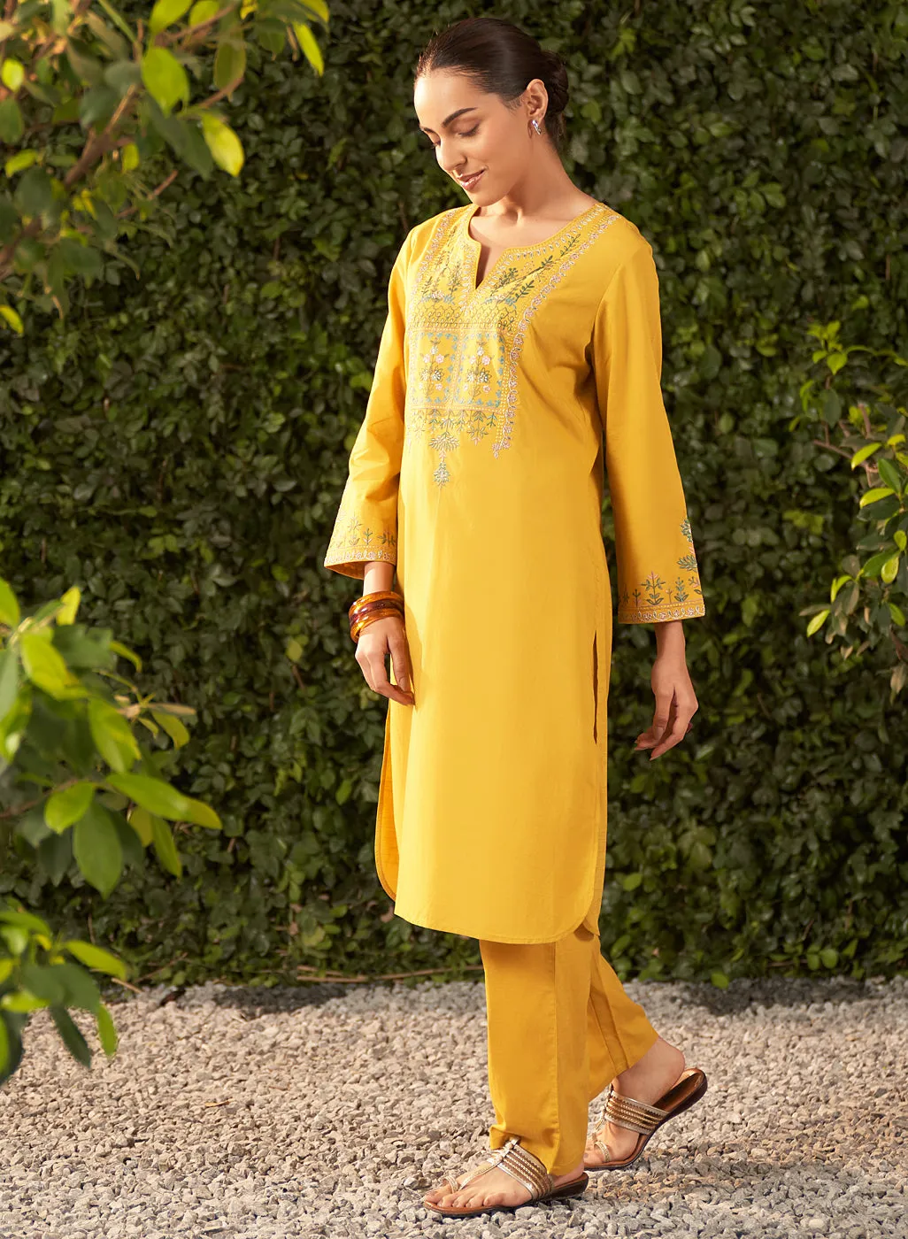 Lily Yellow Embroidered Cotton Co-ord Set for Women