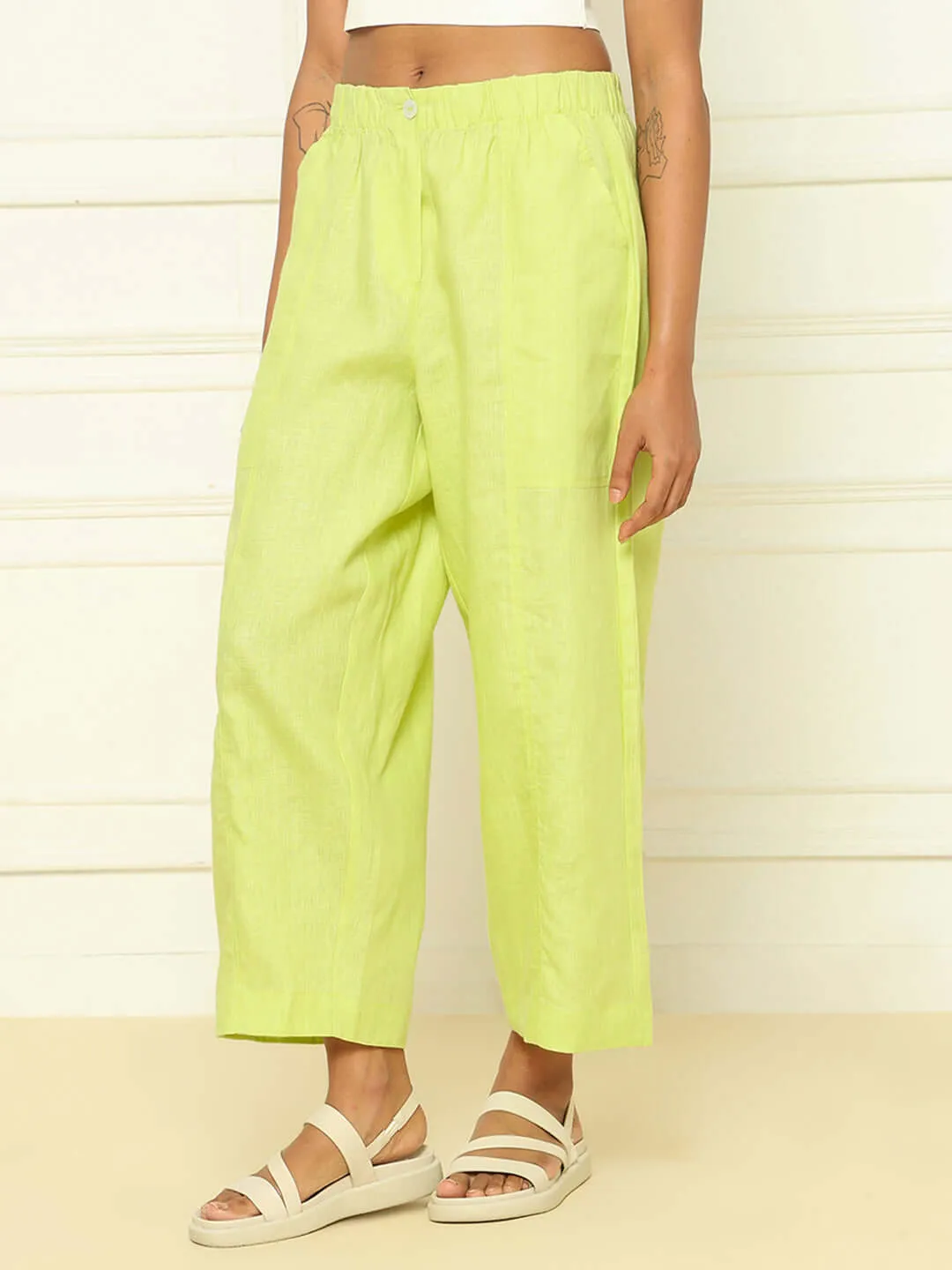 Linen Barrel Pants Lime