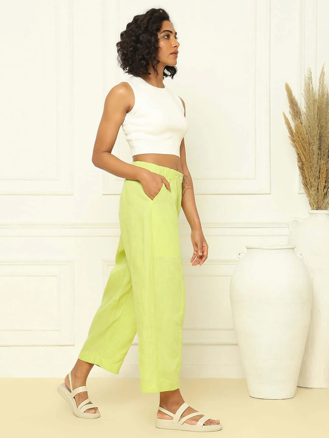 Linen Barrel Pants Lime
