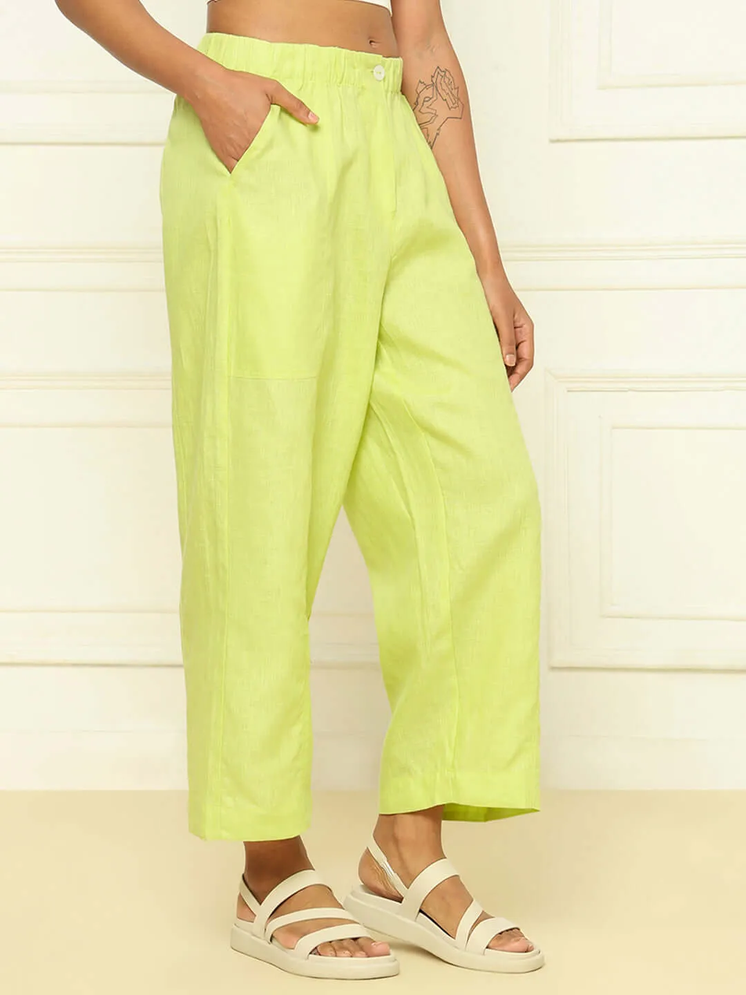 Linen Barrel Pants Lime