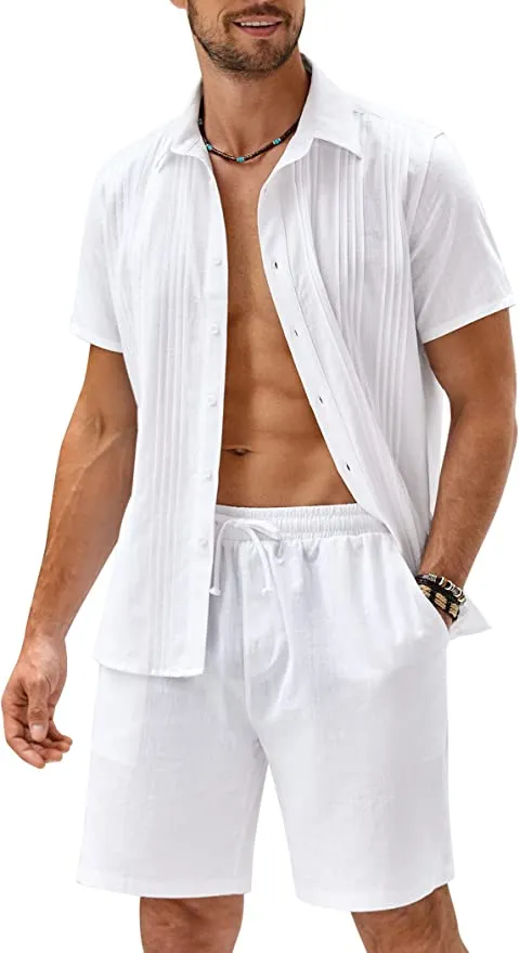 Men's Black Linen Casual Short Sleeve Shorts Set