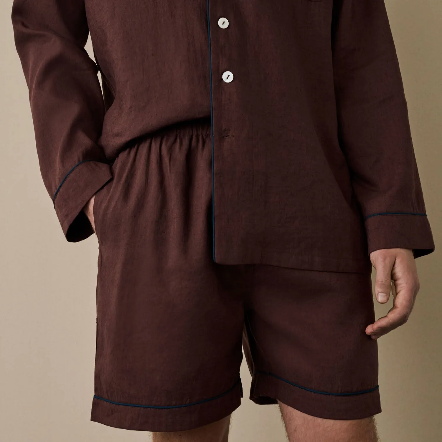 Men's Conker Brown Linen Pajama Short Set