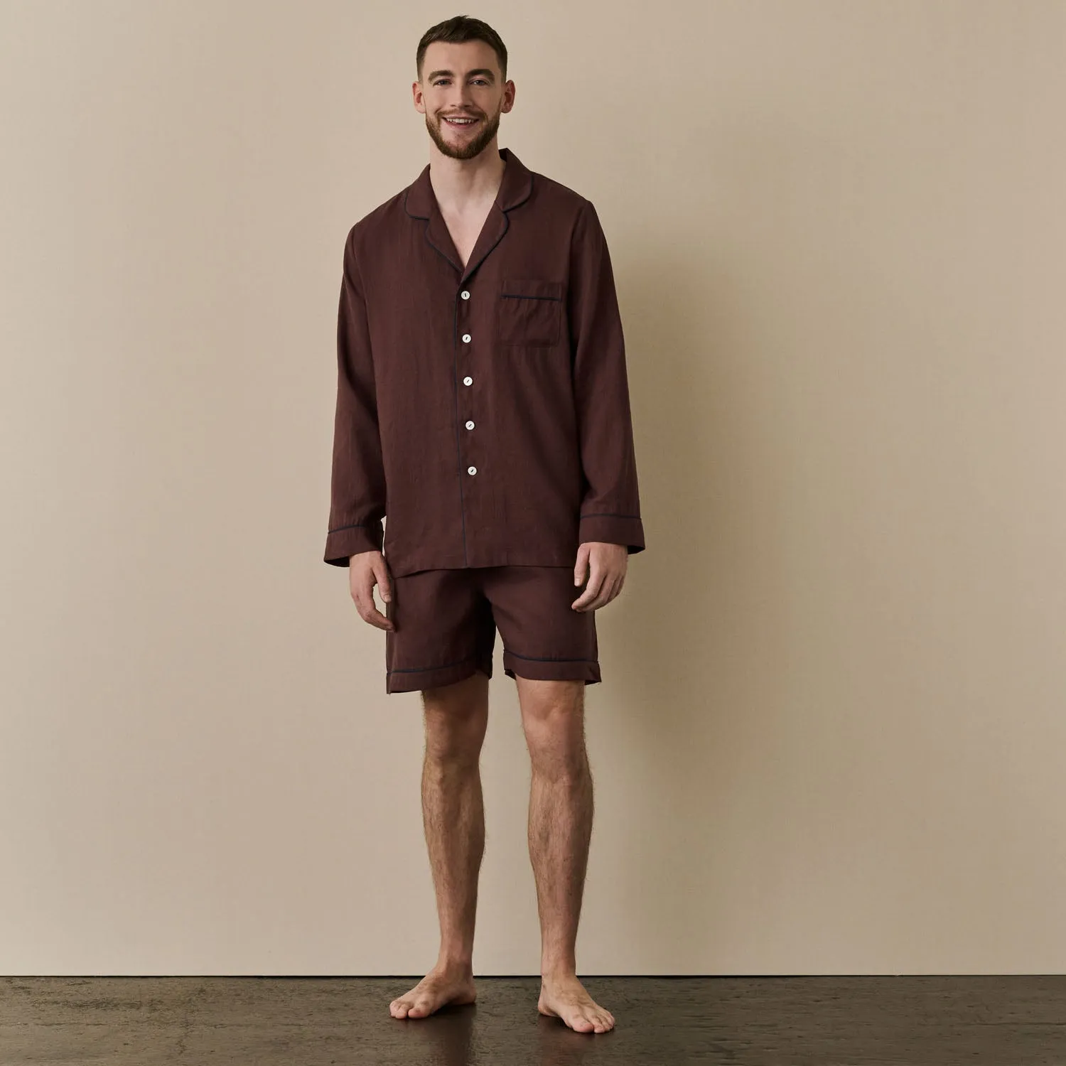 Men's Conker Brown Linen Pajama Short Set