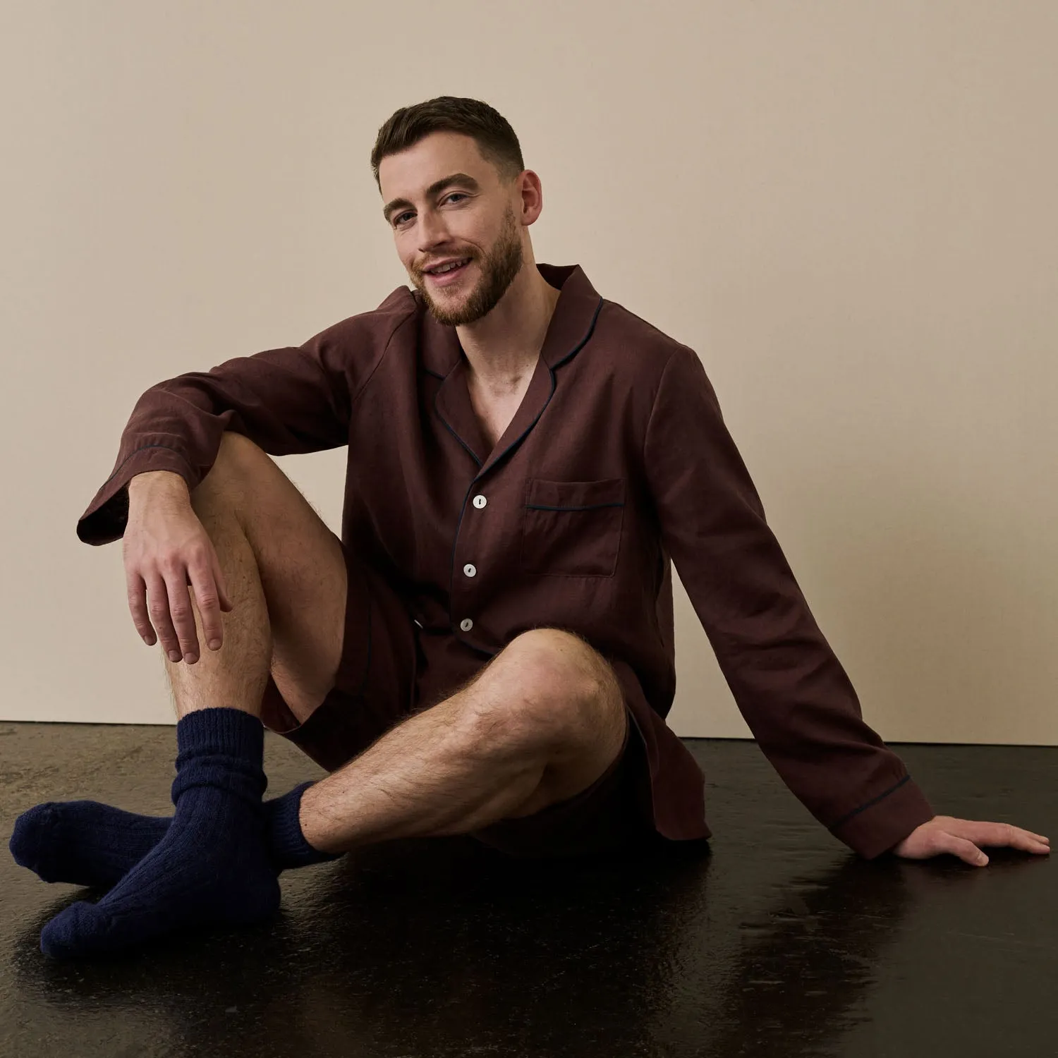 Men's Conker Brown Linen Pajama Short Set