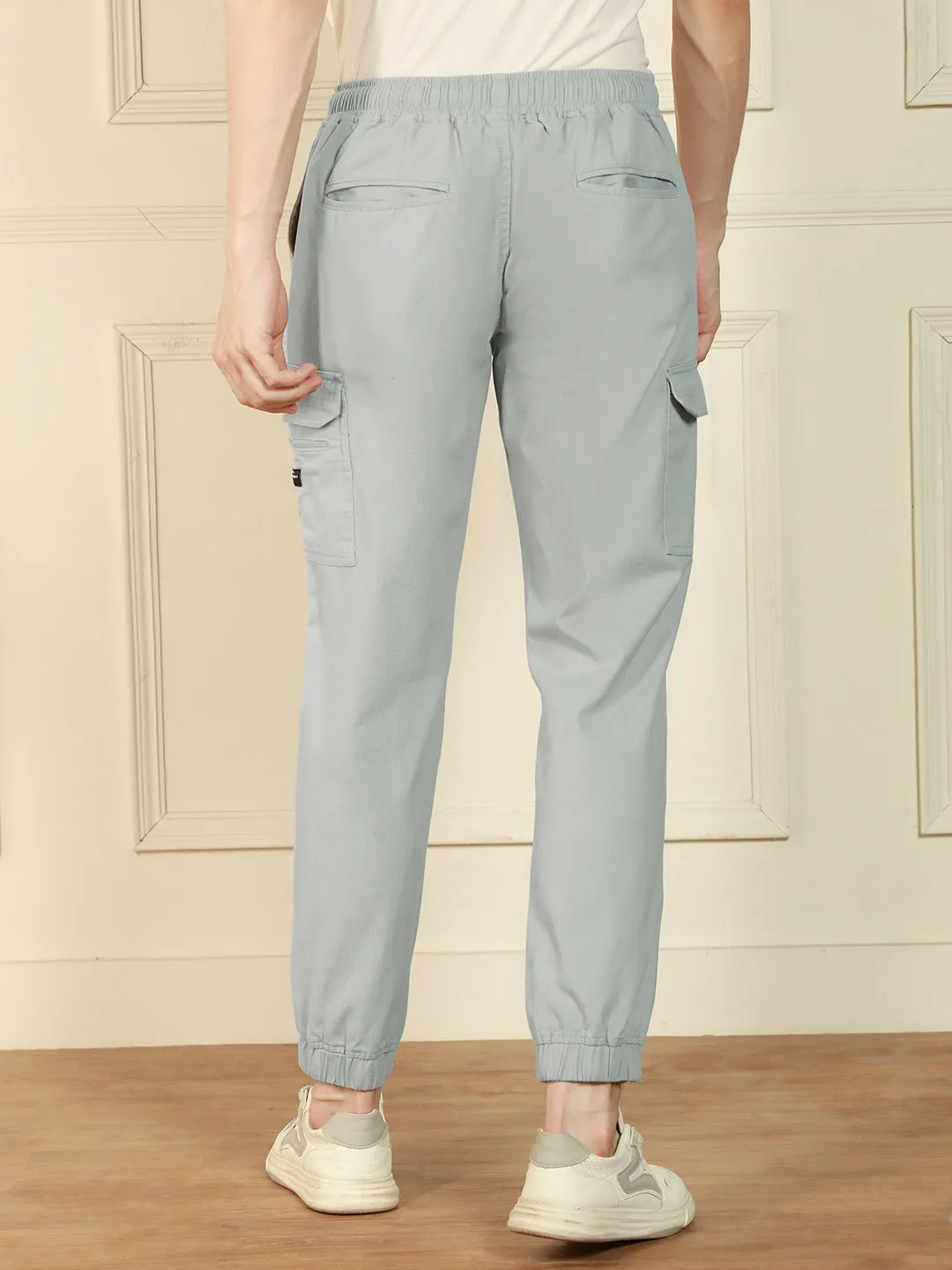 Men's Light Grey Regular Fit Solid Cotton Lycra Stretchable Cargo Joggers