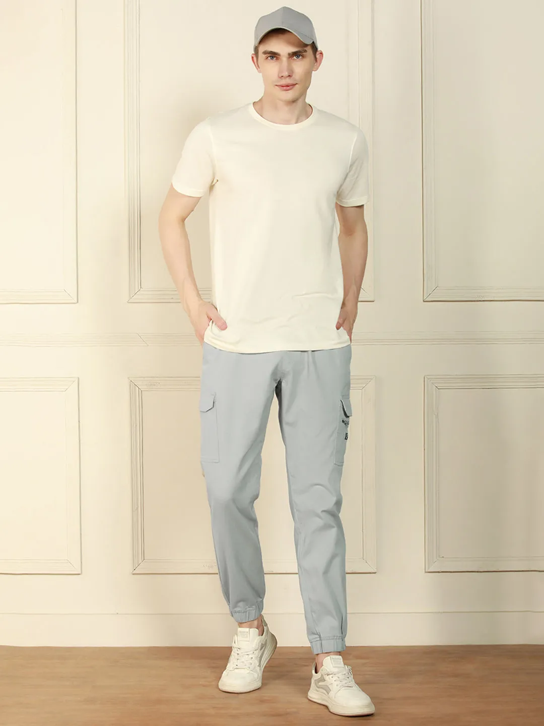 Men's Light Grey Regular Fit Solid Cotton Lycra Stretchable Cargo Joggers