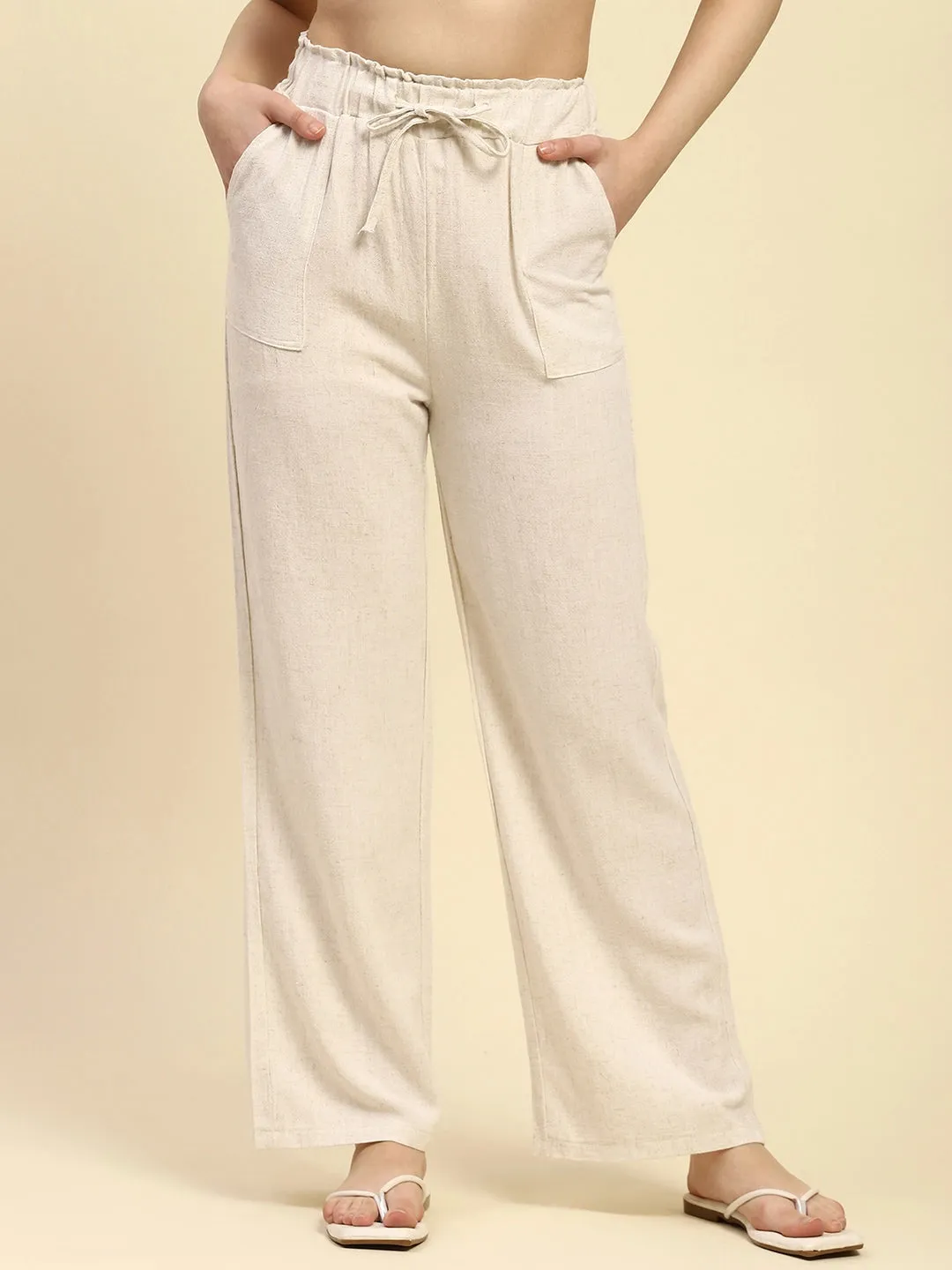 Natural Solid Cotton Linen Relaxed Fit Lower