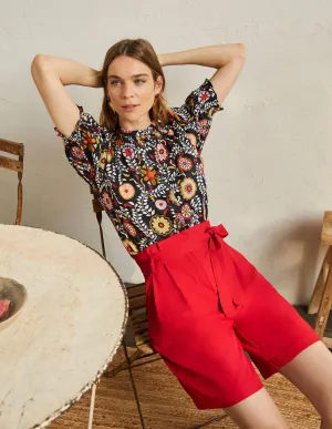 Paperbag High Waisted Shorts-Red
