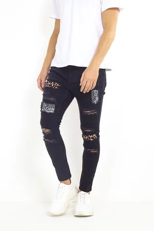 PATCH DETAIL DARK CHARCOAL SKINNY JEANS