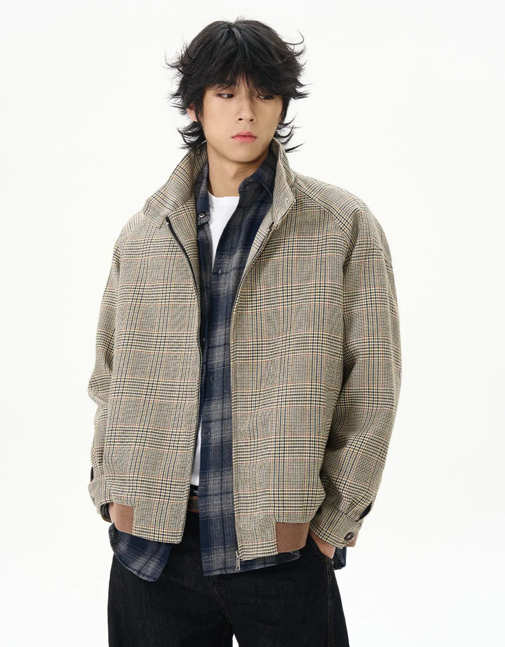 Plaid High Collar Zip Bomber Jacket