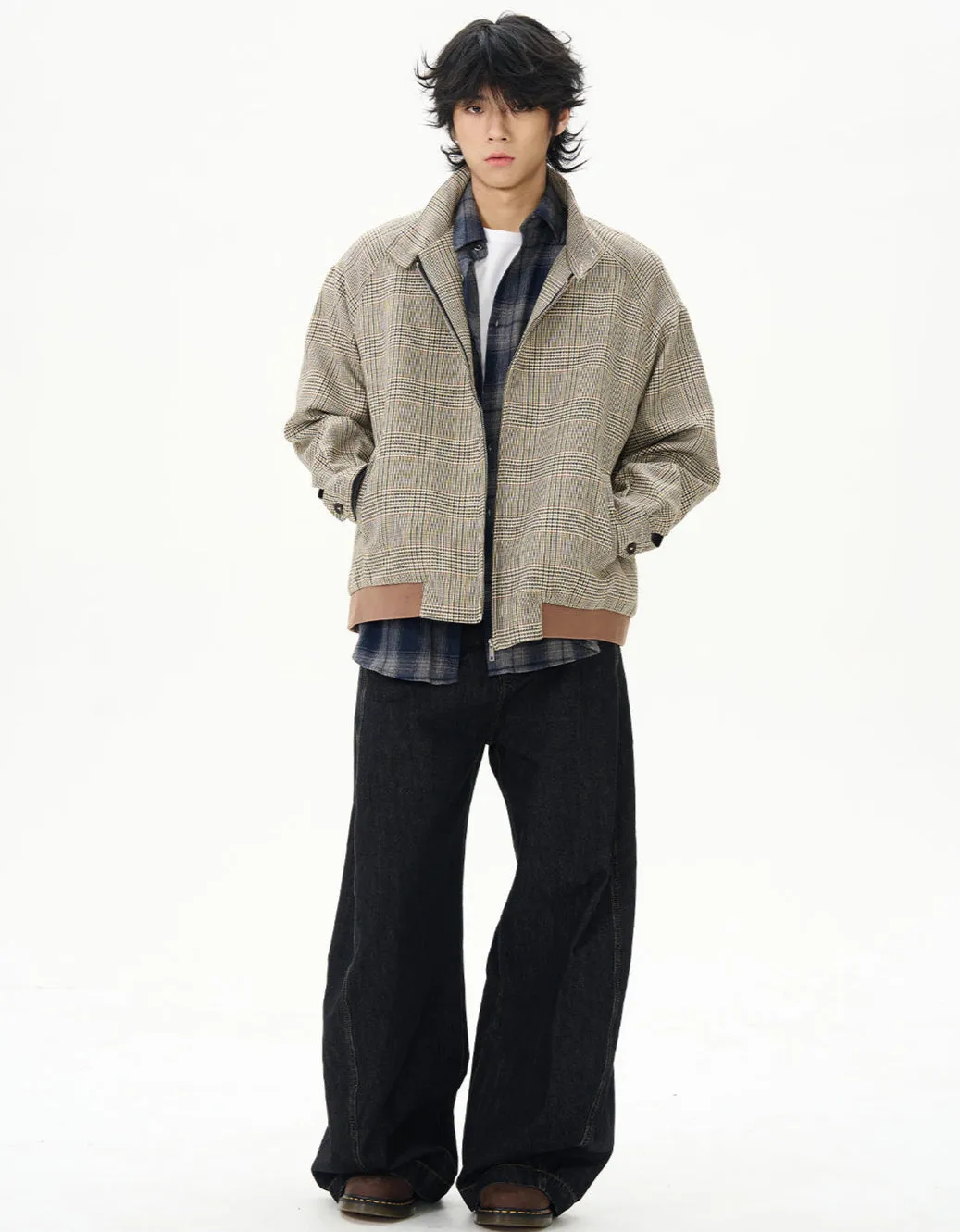 Plaid High Collar Zip Bomber Jacket
