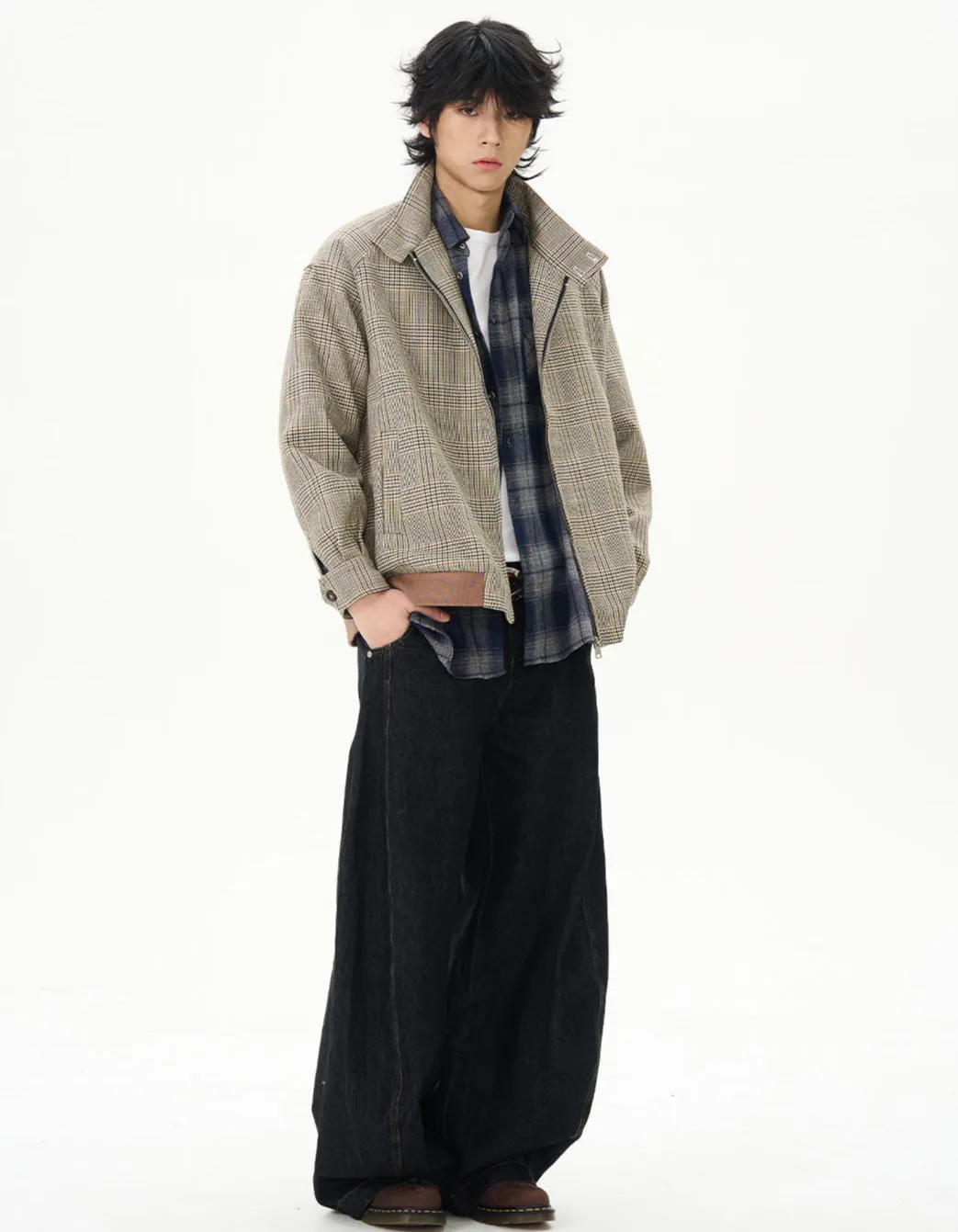 Plaid High Collar Zip Bomber Jacket