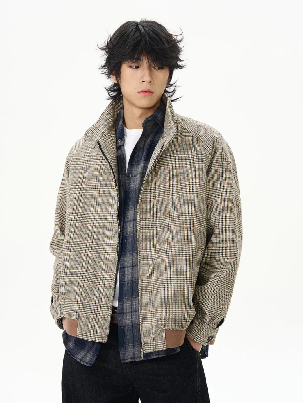 Plaid High Collar Zip Bomber Jacket