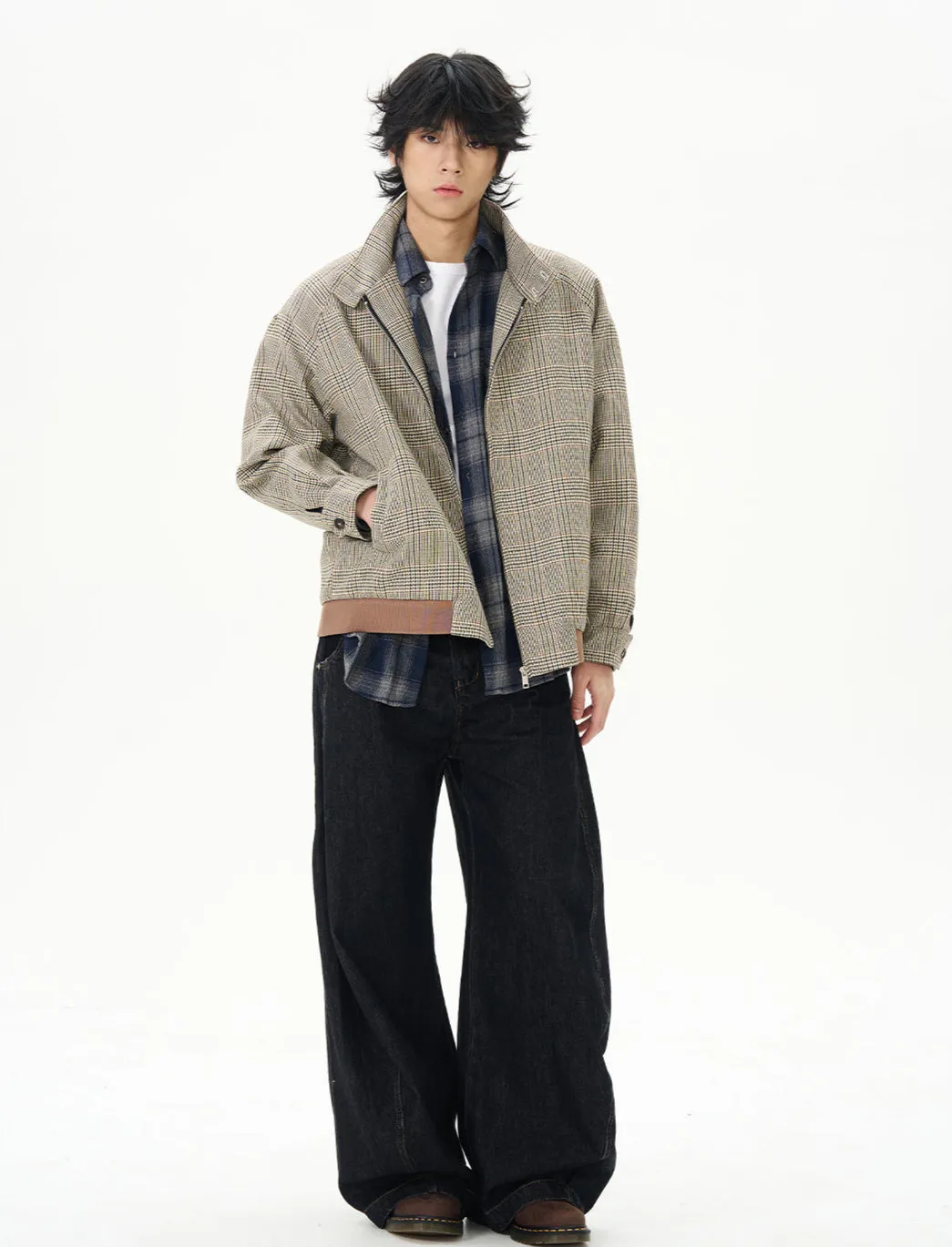 Plaid High Collar Zip Bomber Jacket