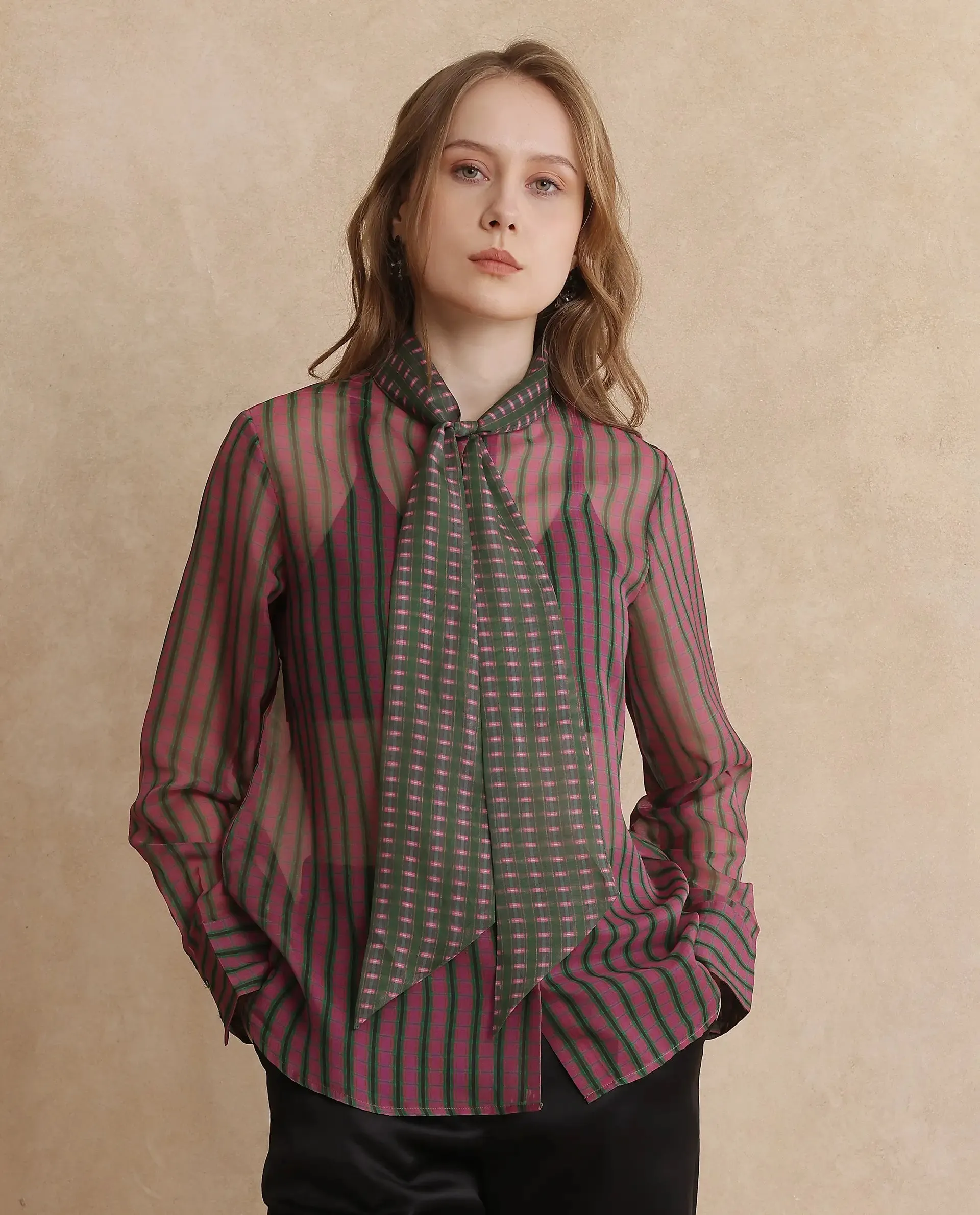 Rareism Women Nioro Multi Volume Sleeve Tie Up Neck Button Closure Relaxed Fit Flannel Print Top