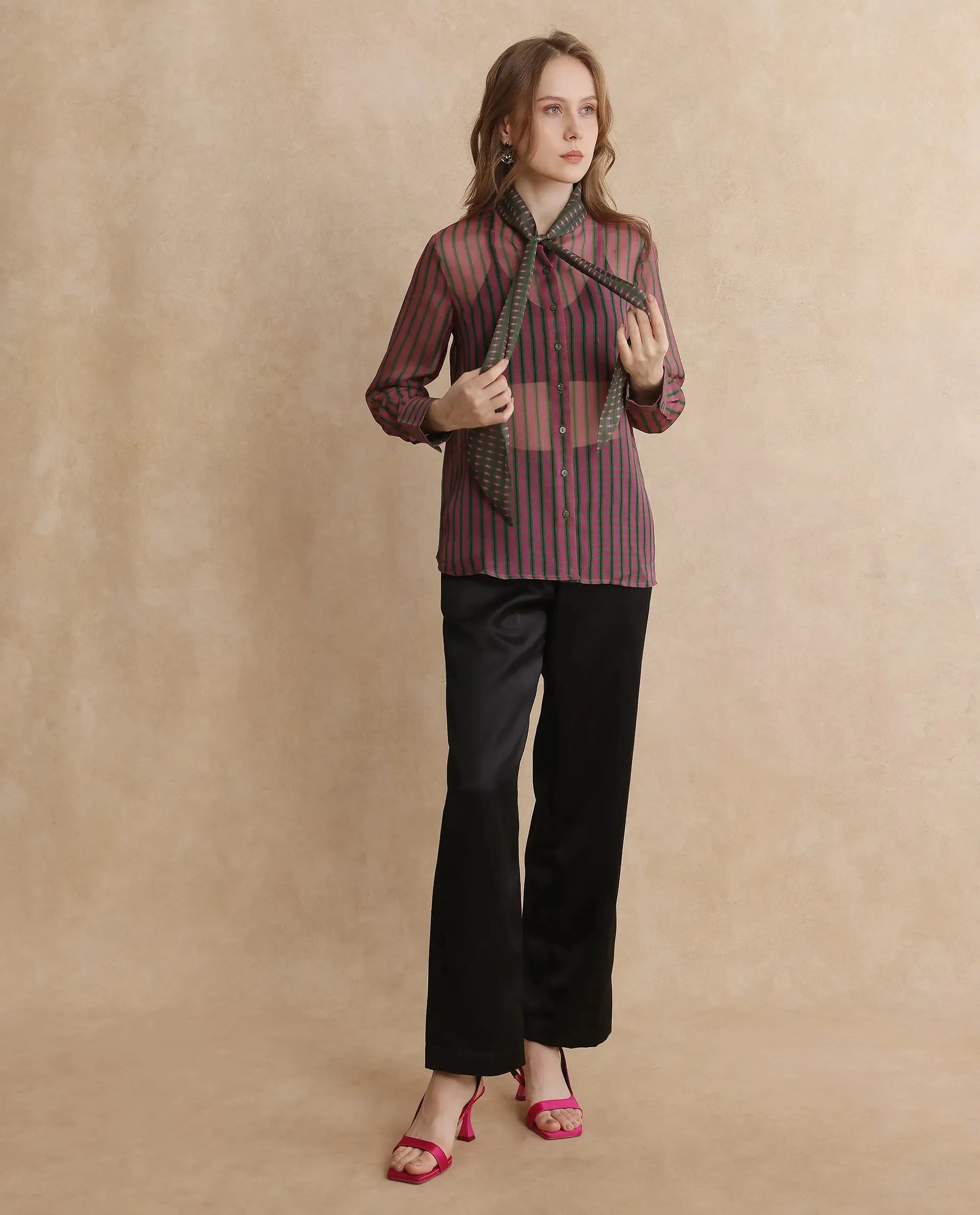 Rareism Women Nioro Multi Volume Sleeve Tie Up Neck Button Closure Relaxed Fit Flannel Print Top
