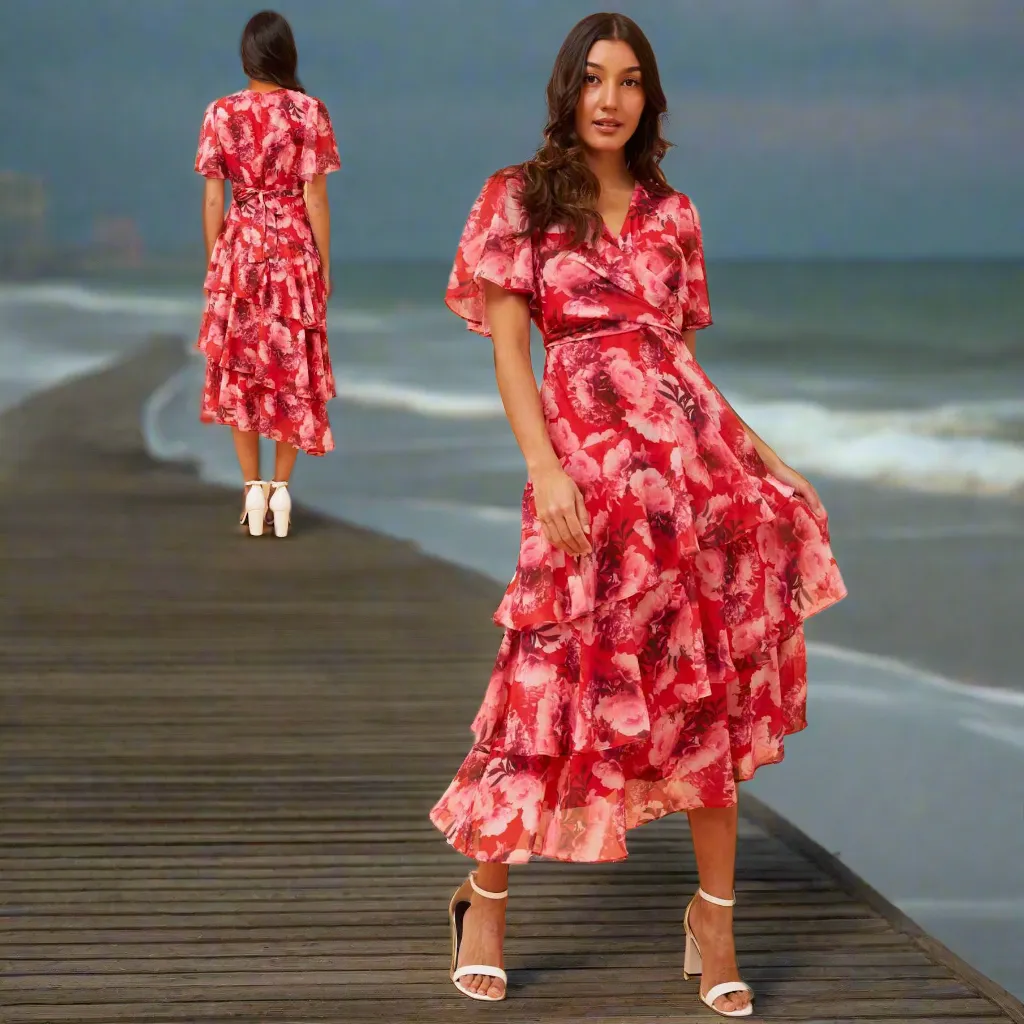 Red Floral Layered Dress