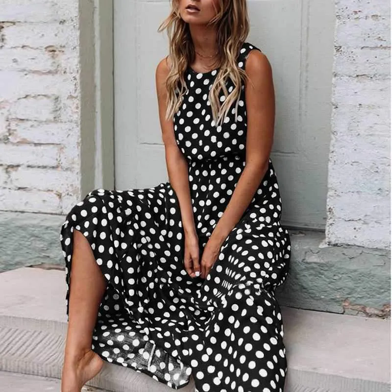 Retro Modest Polka Dot Maxi Dress Sundress