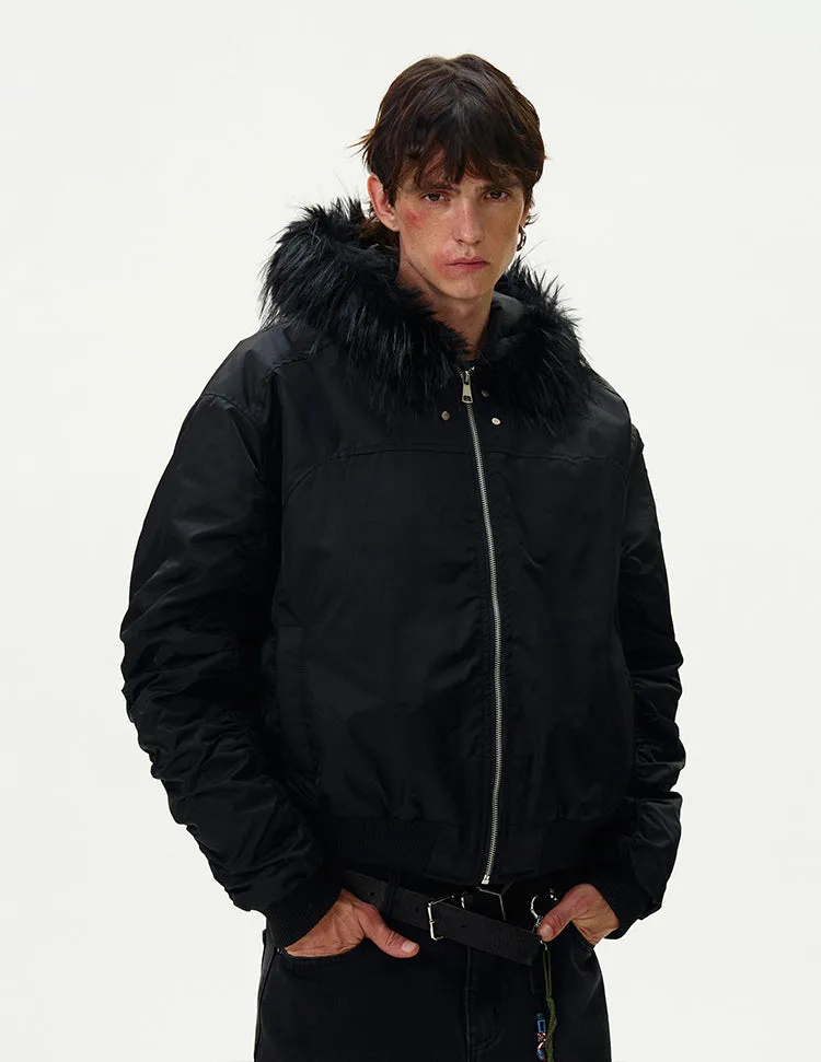 Ruched Sleeve Faux Fur Hooded Bomber Jacket