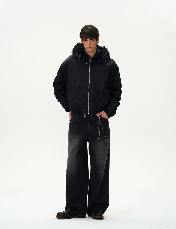 Ruched Sleeve Faux Fur Hooded Bomber Jacket