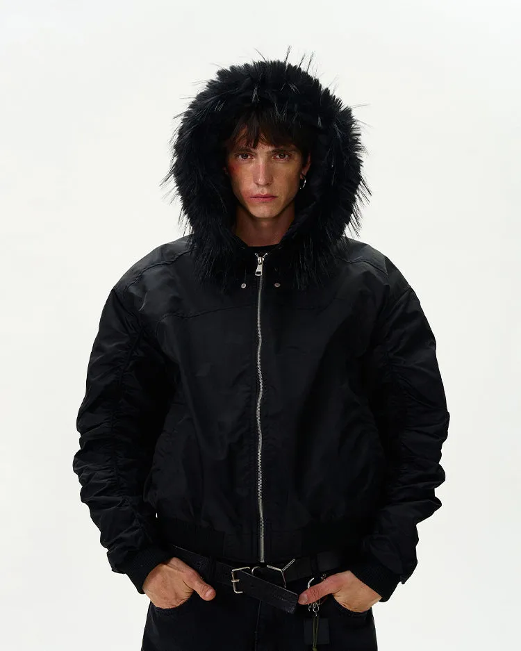Ruched Sleeve Faux Fur Hooded Bomber Jacket