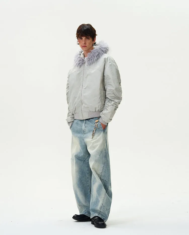 Ruched Sleeve Faux Fur Hooded Bomber Jacket