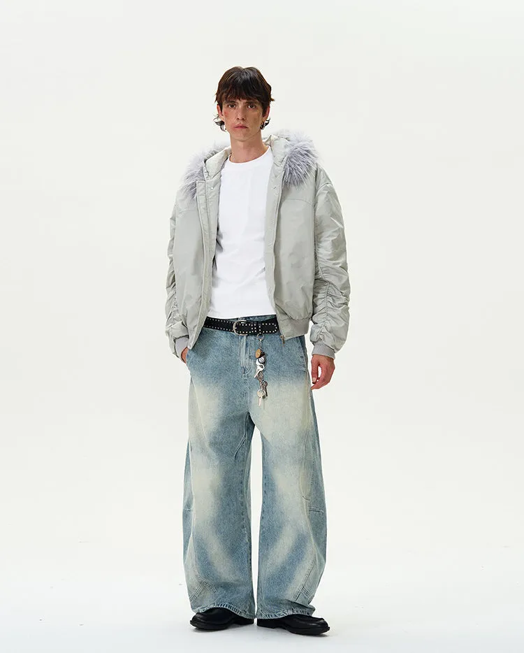Ruched Sleeve Faux Fur Hooded Bomber Jacket