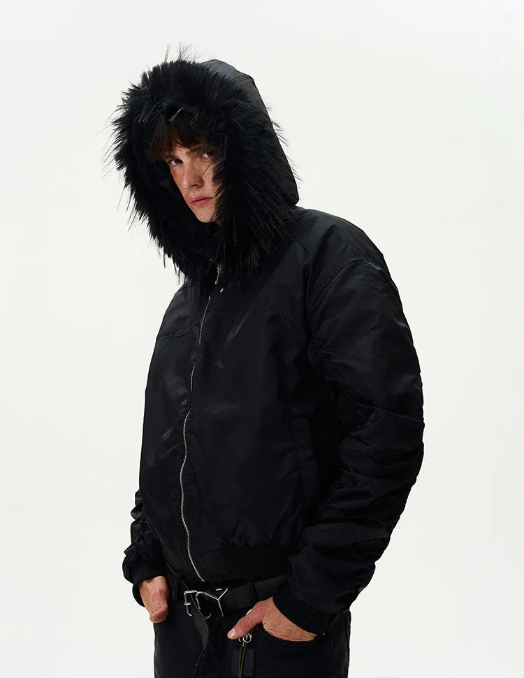 Ruched Sleeve Faux Fur Hooded Bomber Jacket
