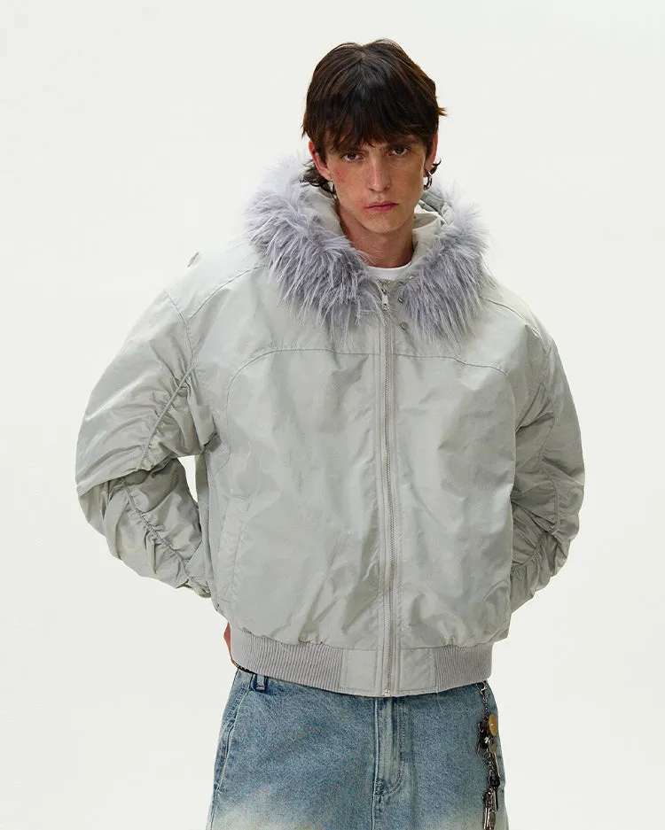 Ruched Sleeve Faux Fur Hooded Bomber Jacket
