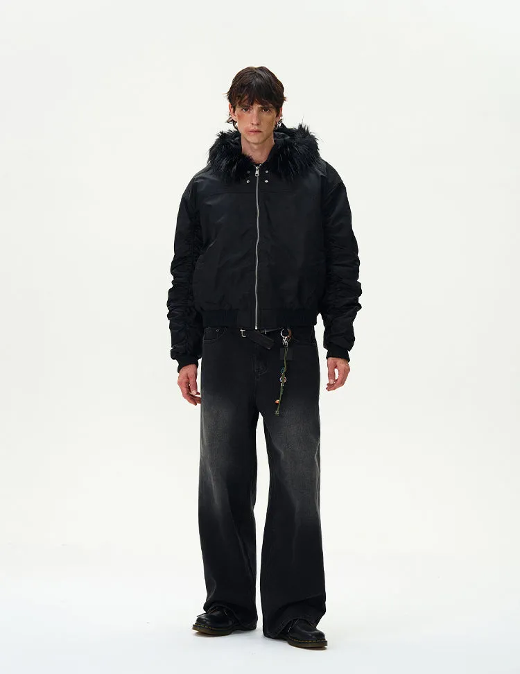 Ruched Sleeve Faux Fur Hooded Bomber Jacket